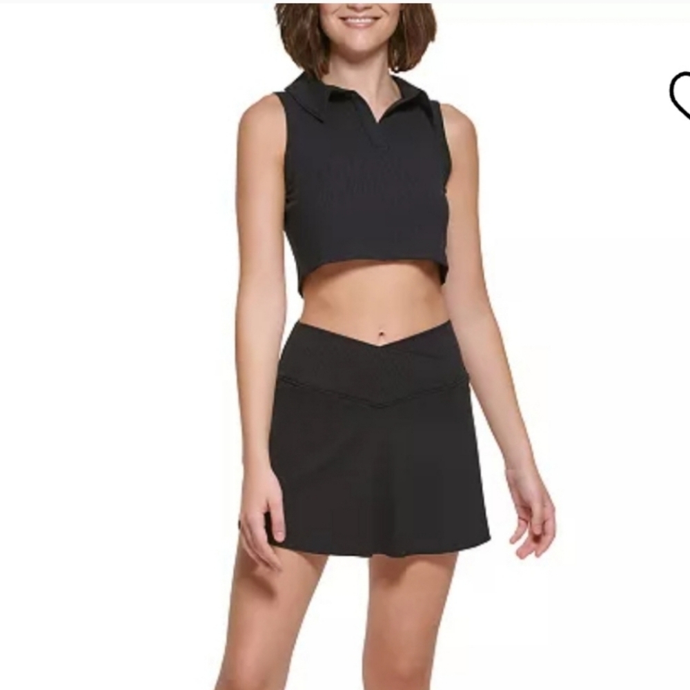 CALVIN KLEIN rib knit performance collared cropped polo tank top black